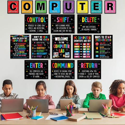 19 Poster Pack for Computer Lab and Computer Science Classrooms displayed behind students working on laptops