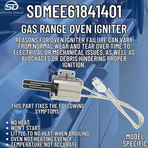 Gas Range Oven Igniter Replacement Model Specific Not Universal Fits Specific Appliance Models With Three And A Half Inch Igniter Body And Ten Inch Lead Wire For Reliable Bake And Broil Ignition displayed with text details.