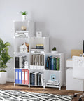 9 Cube White Storage Organizer Set, Modular Cube Shelves in office with books, decor, and camera, stackable and modular design