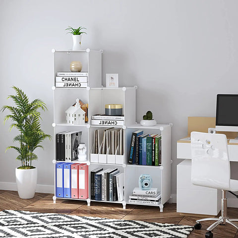 9 Cube White Storage Organizer Set, Modular Cube Shelves in office with books, decor, and camera, stackable and modular design