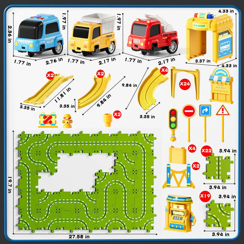 Epic 4 Tier Puzzle Race Car Track Set For Kids Ages 3 To 8 With 51 Pieces, including cars, bridges, signs, and track pieces