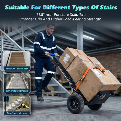 Sturdy Electric Stair Climbing Dolly With A Beefy 1500 Watt Motor Making No Sweat Moves On Steps For Quick Transport Of Appliances And Heavy Couches In Black, shown on wooden staircase.