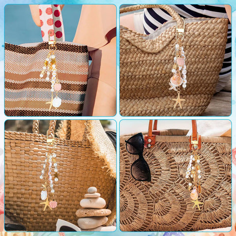 Seashell Keychain Making Kit With 776 Pieces Including Alphabet Beads, White Pearls, Clear Spacer Beads, and 60 Pendants on woven bags.