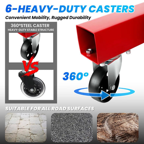 Easy Roll Three Ton Folding Hydraulic Engine Hoist with six heavy-duty casters for stable, smooth mobility on various surfaces.