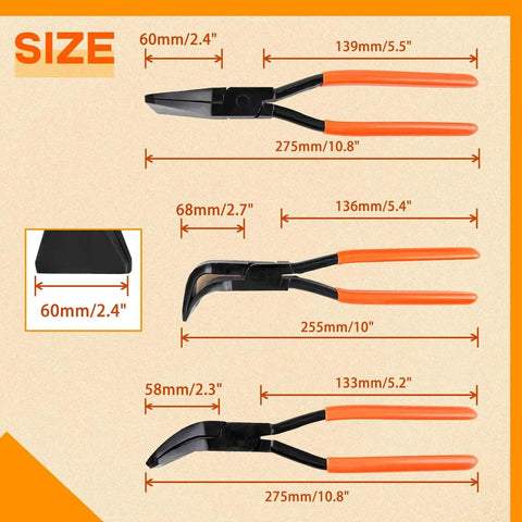 Three Piece Pro Grade Hand Seamer Set With 45 90 180 Degree Jaws for metal bending with size dimensions displayed