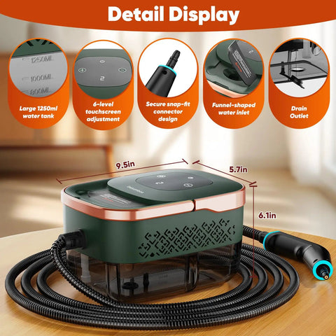 2500 Watt Handheld Steam Cleaner With One Point Eight Quart Tank And Ten Attachments For Grout Range Hood Tile Upholstery Car Detailing High Temp Cleaning Machine For Home Use detail display with touchscreen and hose