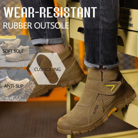 Welding Work Boots For Men With Steel Toe Slip On Safety Boots For Welders And Construction Rugged High Top Boots With All Day Comfort Heavy Duty Work Shoes For Tough Jobs, brown, rubber sole.