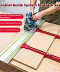 Go Ahead And Nail Those Perfect Board Cuts With This Premium Complete Track Saw Parallel Guide System Extending 0 To 68 Inches featuring micro adjustable flip stops in use with a track saw.