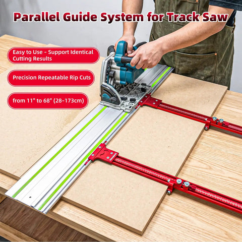 Go Ahead And Nail Those Perfect Board Cuts With This Premium Complete Track Saw Parallel Guide System Extending 0 To 68 Inches featuring micro adjustable flip stops in use with a track saw.