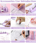 Collage showing Purple Desk Organizer Set 12 Pieces With Tape Dispenser Stapler Staples Staple Remover Pen Holder Scissors Ruler
