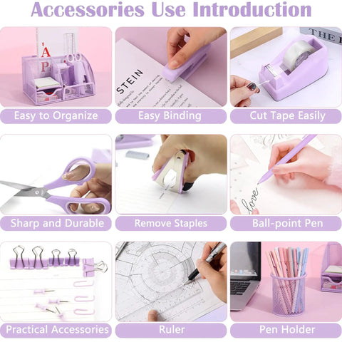 Collage showing Purple Desk Organizer Set 12 Pieces With Tape Dispenser Stapler Staples Staple Remover Pen Holder Scissors Ruler