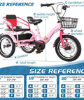 Folding Tricycle With Rear Seat And Backrest, Three Wheel Pedal Cruiser size chart, adjustable height, pneumatic tire spoke wheels