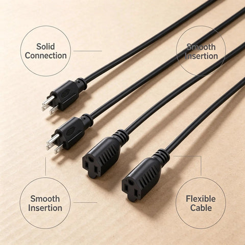 Six Pack 16 Awg 13 Amp Heavy Duty Indoor Extension Cords One Foot Three Prong Grounded Plug showing solid connection and flexible cables.