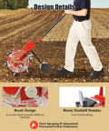 Man using Six Nozzle Hand Push Seeder For DIY Farmers And Garden Pros With Eight Pound Seed Box And Red Roller Manual Seed Planter