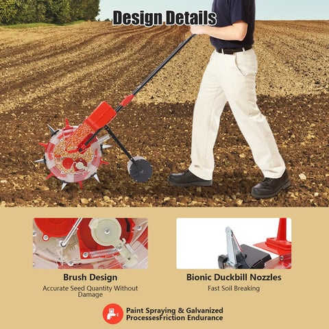 Man using Six Nozzle Hand Push Seeder For DIY Farmers And Garden Pros With Eight Pound Seed Box And Red Roller Manual Seed Planter