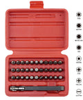Open case showing the 34-Piece Screwdriver Bit Set With Mini Ratchet Wrench, 1/4-Inch Drive, Security Hex Bits, Chrome Vanadium Steel.