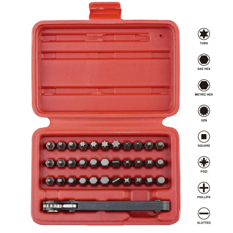 Open case showing the 34-Piece Screwdriver Bit Set With Mini Ratchet Wrench, 1/4-Inch Drive, Security Hex Bits, Chrome Vanadium Steel.
