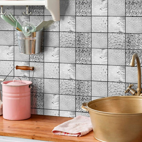 Stainless Steel Peel And Stick Backsplash Tiles 10 Sheets 3D Carven Silver Easy Self Adhesive Wall Decor above kitchen counter