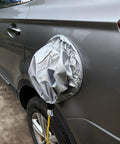 Slick EV Charger Plug Port Cover With Heavy Duty Waterproof Seal All Weather Protection Against Rain Sun And Snow Shields Your Tesla And Sweet Electric Rides From Dust Debris Silver mounted on vehicle side