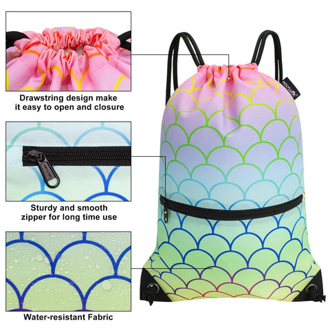 Colorful Fish Feather Drawstring Backpack Sackpack For Gym And Everyday Use with zipper pocket and drawcord straps