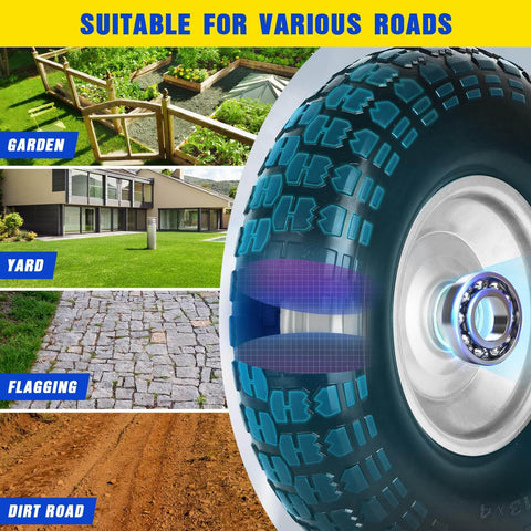 13 Inch Flat Free Wheelbarrow Tire 4.00 6 Heavy Duty With Universal Solid Tire And Five Eighth Inch Bearing Plus Three Quarter Inch Bearing Kit Replacement Wheel for Garden, Yard, Flagging, and Dirt Roads