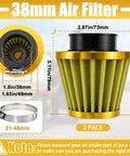 Two Pack 38mm Air Filter for 50cc to 200cc Small Engines, detailed view showing dimensions and metal clamp