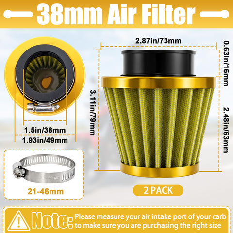 Two Pack 38mm Air Filter for 50cc to 200cc Small Engines, detailed view showing dimensions and metal clamp