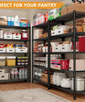 72 Inch Beefy Heavy Duty Metal Shelving Unit With 5 Tier Storage For Kitchen Pantry And Garage Maximum 1100 Lb Capacity Total 220 Lb Per Shelf Space Saving Wire Shelves Easy Assembly Durable Design, pantry loaded with food bins