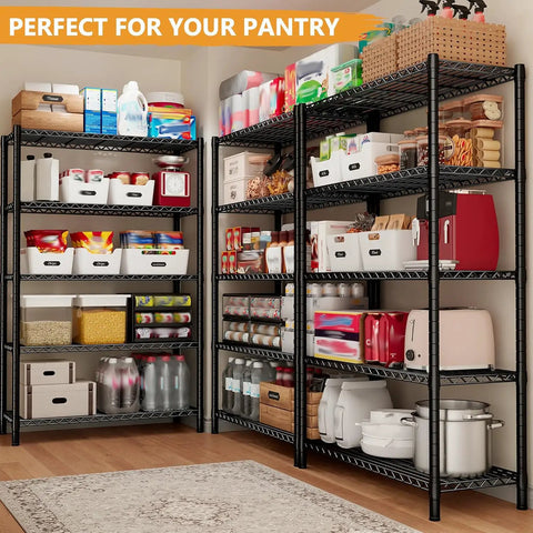 72 Inch Beefy Heavy Duty Metal Shelving Unit With 5 Tier Storage For Kitchen Pantry And Garage Maximum 1100 Lb Capacity Total 220 Lb Per Shelf Space Saving Wire Shelves Easy Assembly Durable Design, pantry loaded with food bins