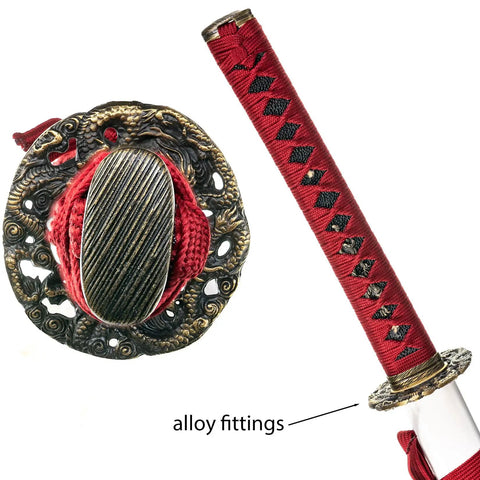 Close-up of Hand Sharpened 1060 High Carbon Steel Samurai Sword Showpiece with dragon-design alloy fittings and dark red ito.