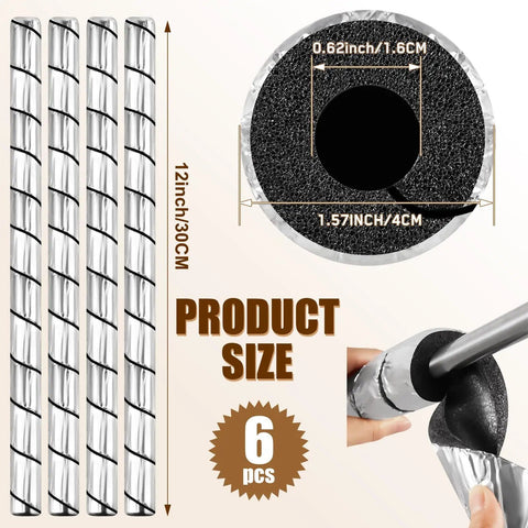 Six Pack Pipe Insulation Foam Tubes With Spiral Aluminum Foil Wrap Waterproof Outdoor Pipe Covers For Bends And Irregular Pipes Half Inch Inner Diameter 12 Or 15 Inch Length Flexible Fit showing size details and packaging.