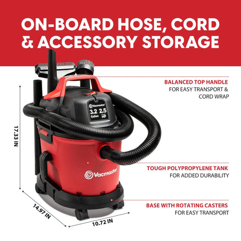 Heavy Hitter Compact Wet Dry Shop Vacuum With 3.2 Gallon Tank And 2.5 Peak Horsepower Suction Converts To Powerful Blower with hose and accessories.