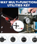 4-way multi-functional utilities key being used on different valve types, including a gauge valve and square lock, front view