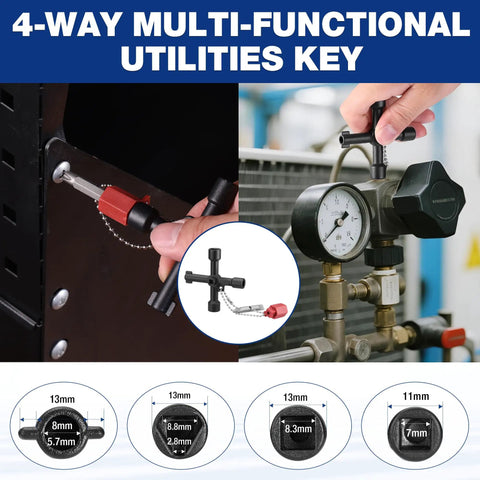 4-way multi-functional utilities key being used on different valve types, including a gauge valve and square lock, front view