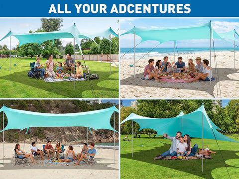 Massive 14 Ft By 11 Ft Beach Shade Canopy With Eight Sandbags, Upf 50+ Sun Shelter on beach and lawn, room for 8 to 12 people.