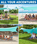 Roomy Fourteen By Eleven Foot Beach Sun Shelter With UPF50 Plus Protection in use, picnic setup with family and friends outdoors.