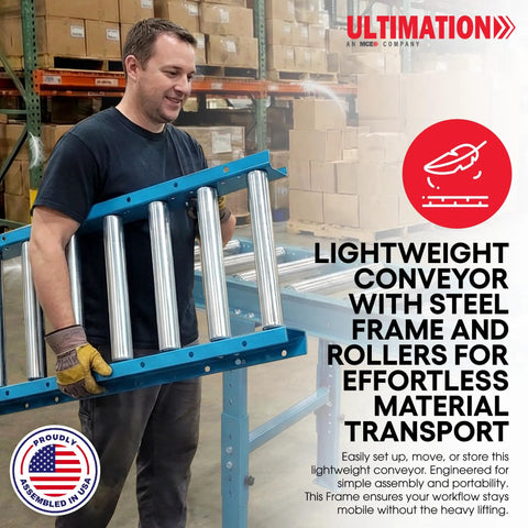 Person holding lightweight conveyor with steel rollers and frame, highlighting UltiMation's product for easy material handling.