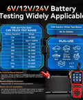 All-In-One 6V 12V 24V Battery Tester For Cars, Trucks, And Bikes With Built-In Reverse Polarity Protection, Test Range 10-2000 CCA Across Flooded, AGM, Gel, EFB, And Lithium. 6V/12V/24V tester shown with battery and clamps