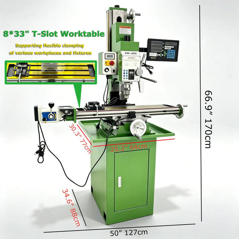 Techtongda 8x33 Inch Metal Milling Machine With 2HP Brushless Motor For 110V Power featuring T-slot worktable and digital readout.