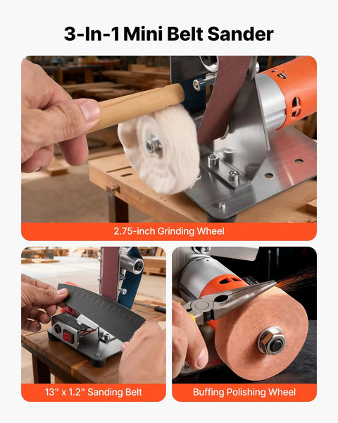 Badass Three In One Compact Belt Sander Setup With 13 Inch Sanding Strap And 2.75 Inch Grinding Wheel Combo showing sanding and grinding in use.