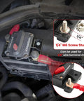 Installed 120 Amp Car Circuit Breaker With Manual Reset, Inline Fuse Holder, connectors, and M6 screw stud visible.