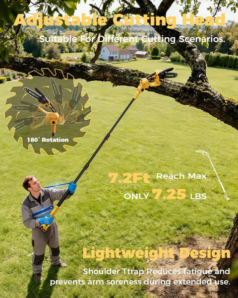 Person using Cordless Pole Saw and Mini Chainsaw Two in One Lightweight Electric Yard Tool With Brushless Motor Battery Powered Converting From Handheld Two Point Two Pounds To Thirteen Point Seven Foot Reach For Easy Tree Trimming