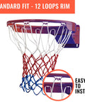 Heavy Duty Basketball Net Replacement For Indoor Or Outdoor Rims All Weather Anti Whip Standard Size With 12 Loops Red White And Blue Colorway Court Ready Gear For Everyday Pickup Games installed on a rim.