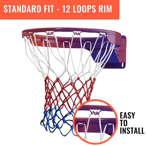 Heavy Duty Basketball Net Replacement For Indoor Or Outdoor Rims All Weather Anti Whip Standard Size With 12 Loops Red White And Blue Colorway Court Ready Gear For Everyday Pickup Games installed on a rim.