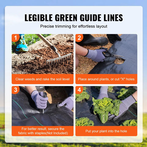 Heavy Duty 4x100 Ft Woven Weed Barrier Landscape Fabric For Landscaping And Driveways Ground Cover Weed Blocker Geotextile PP Weed Control Mat Black Weather Resistant Outdoor Grade with installation process shown in four steps.