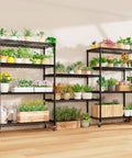74 Inch High Wire Shelving With Wheels Beefy Heavy Duty 5 Tier Storage Rack That Holds Up To 1250 Lbs Total 250 Lbs Per Shelf Open Alloy Steel Shelving For Garage Workshop Basement with potted plants