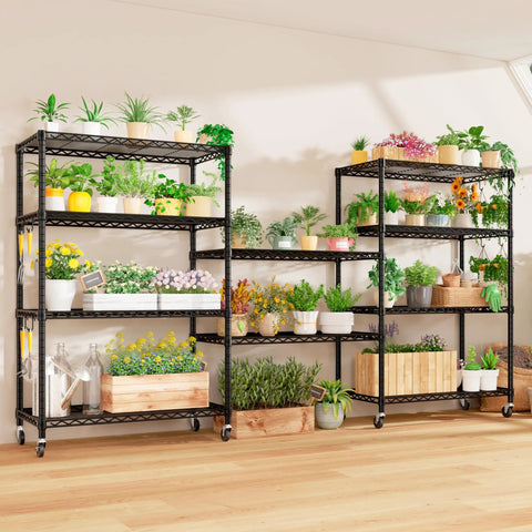 74 Inch High Wire Shelving With Wheels Beefy Heavy Duty 5 Tier Storage Rack That Holds Up To 1250 Lbs Total 250 Lbs Per Shelf Open Alloy Steel Shelving For Garage Workshop Basement with potted plants