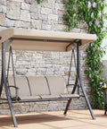 Three Seat Outdoor Patio Swing Chair With Adjustable Canopy And Armrests Breathable Textilene Seat And Back in a garden setting