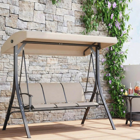 Three Seat Outdoor Patio Swing Chair With Adjustable Canopy And Armrests Breathable Textilene Seat And Back in a garden setting