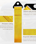Heavy Duty Racing Tow Strap And Nylon Towing Rope For Jdm Sports Cars, Universal Front Or Rear Bumper Recovery Line, yellow strap close-up with steel bracket.
